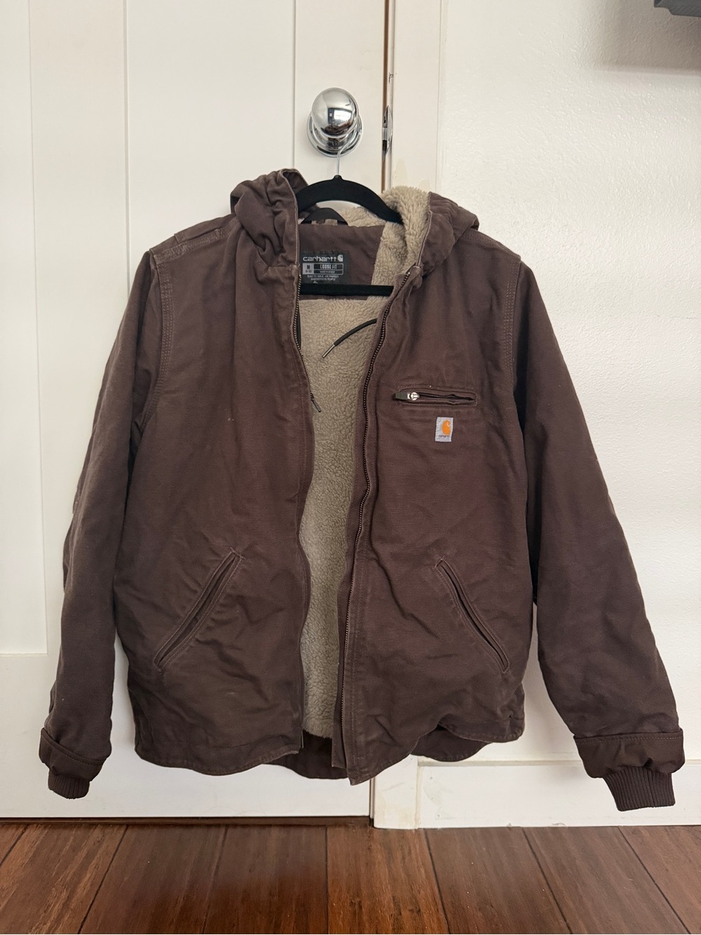 Carhartt Brown Hooded Sherpa-Lined Work Jacket vintage distressed